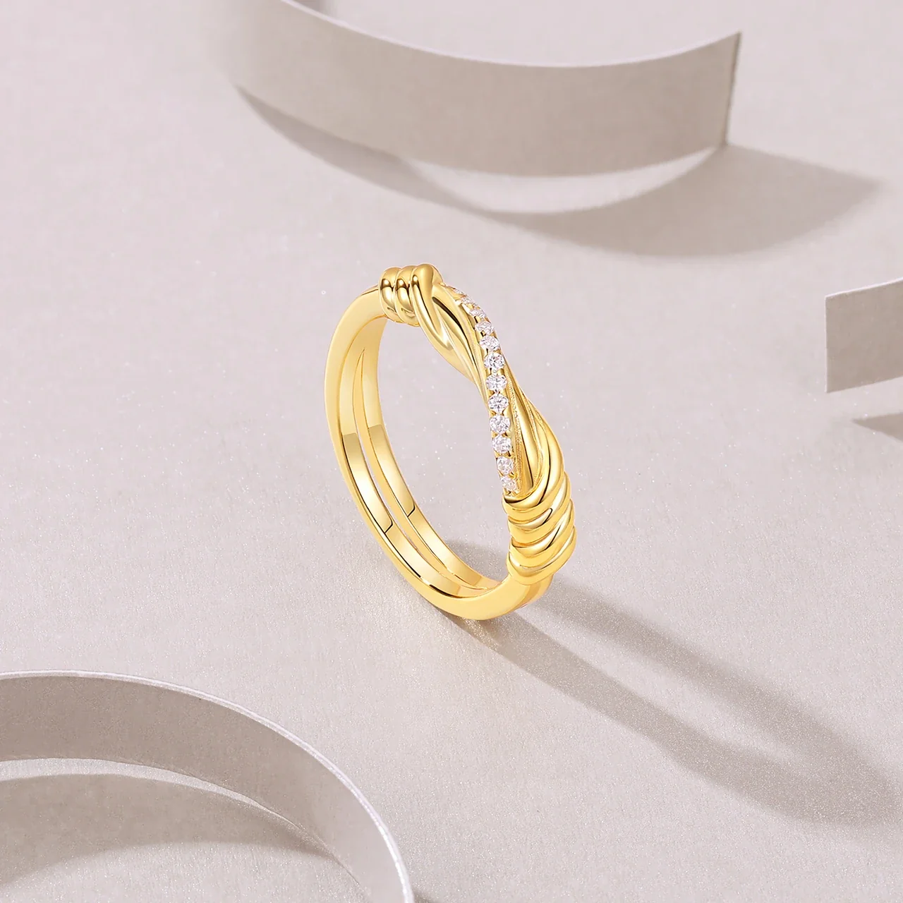 Twisted Gold-Tone Pavé 925 Sterling Silver Moissanite Ring