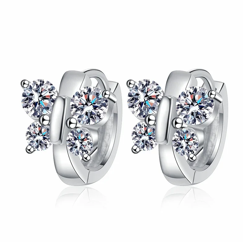 Sparkling Butterfly 925 Sterling Silver Round-Cut Huggie Earrings