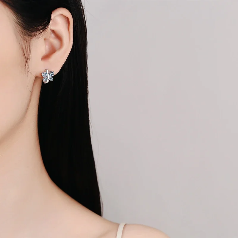 Sparkling Butterfly 925 Sterling Silver Round-Cut Huggie Earrings