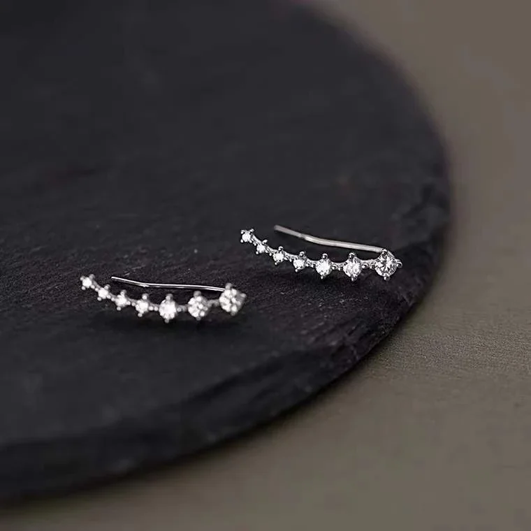Sweeping 925 Sterling Silver Prong-Set Round CZ Ear Climber Earrings