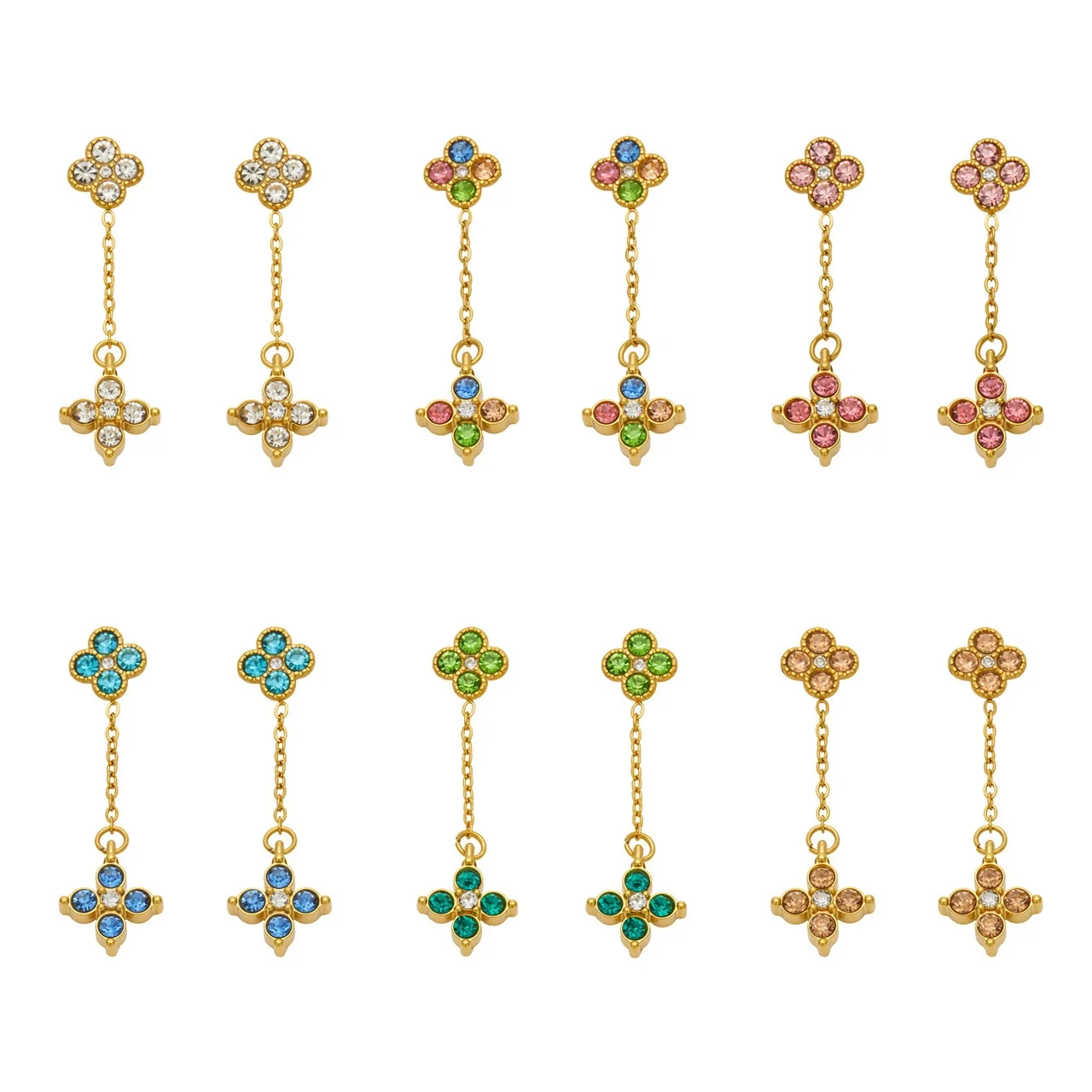 Playful Four-Leaf CZ Chain Drop Stainless Steel Earrings