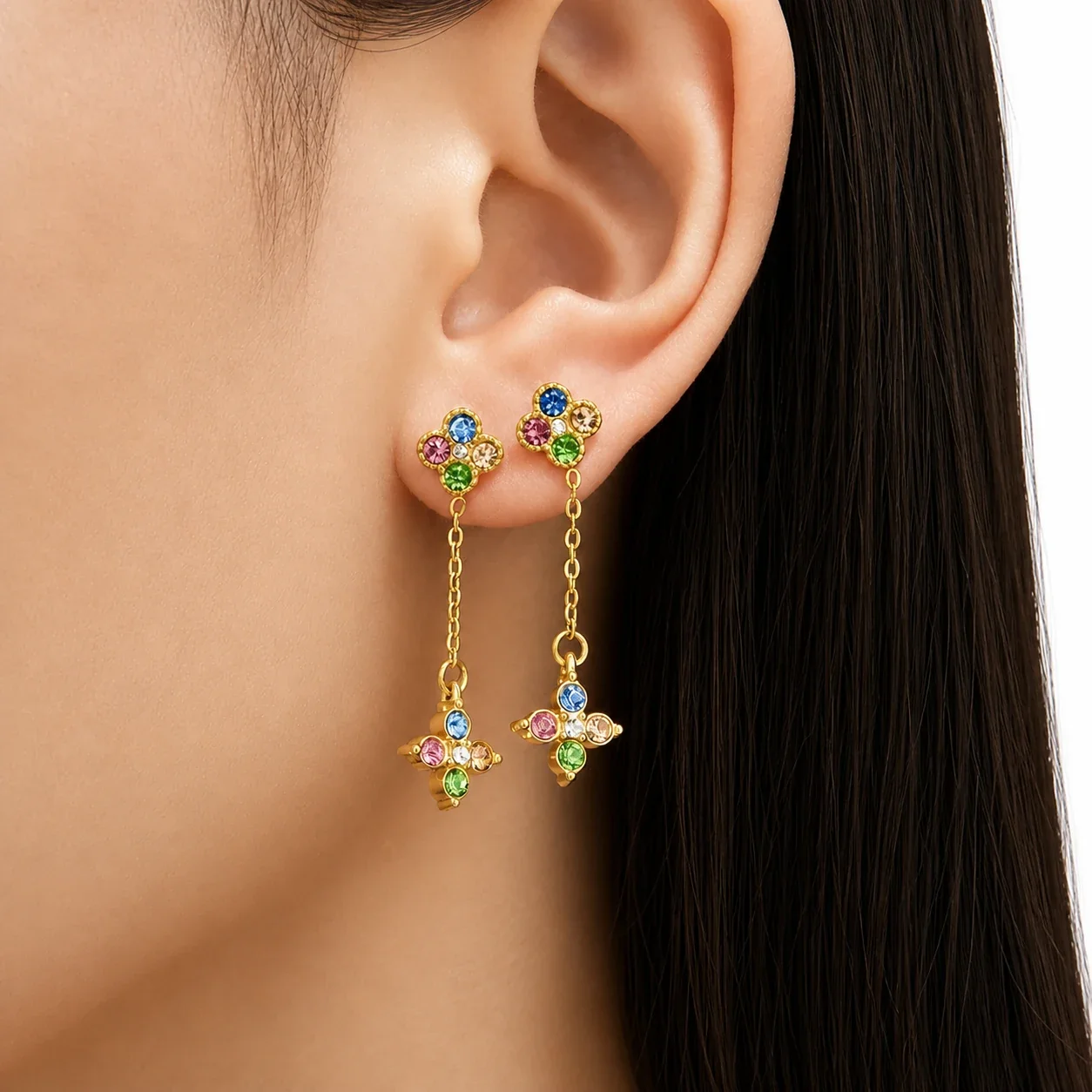 Playful Four-Leaf CZ Chain Drop Stainless Steel Earrings