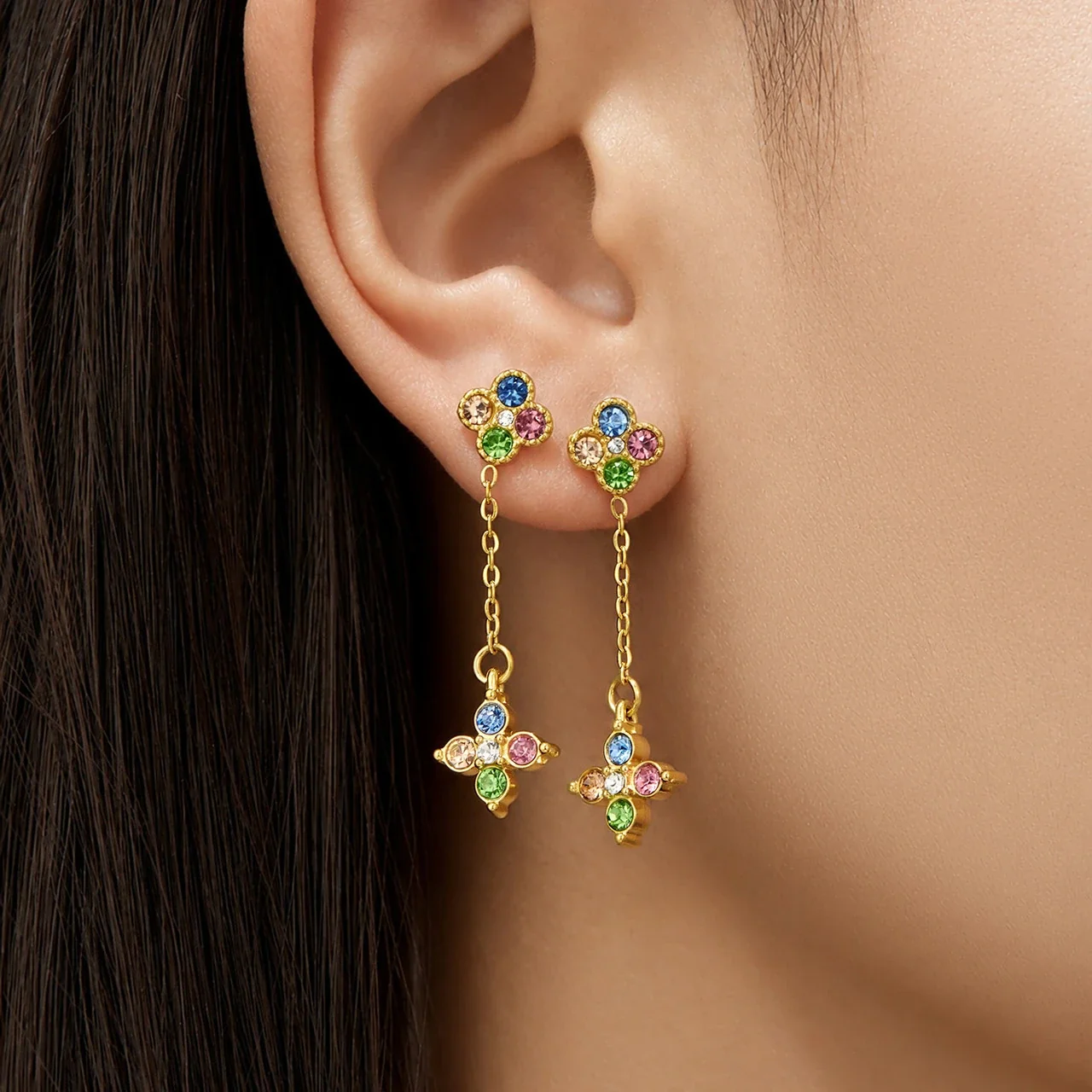 Playful Four-Leaf CZ Chain Drop Stainless Steel Earrings