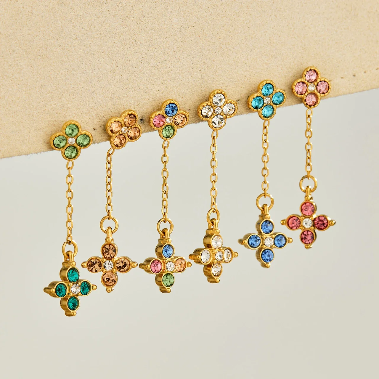 Playful Four-Leaf CZ Chain Drop Stainless Steel Earrings