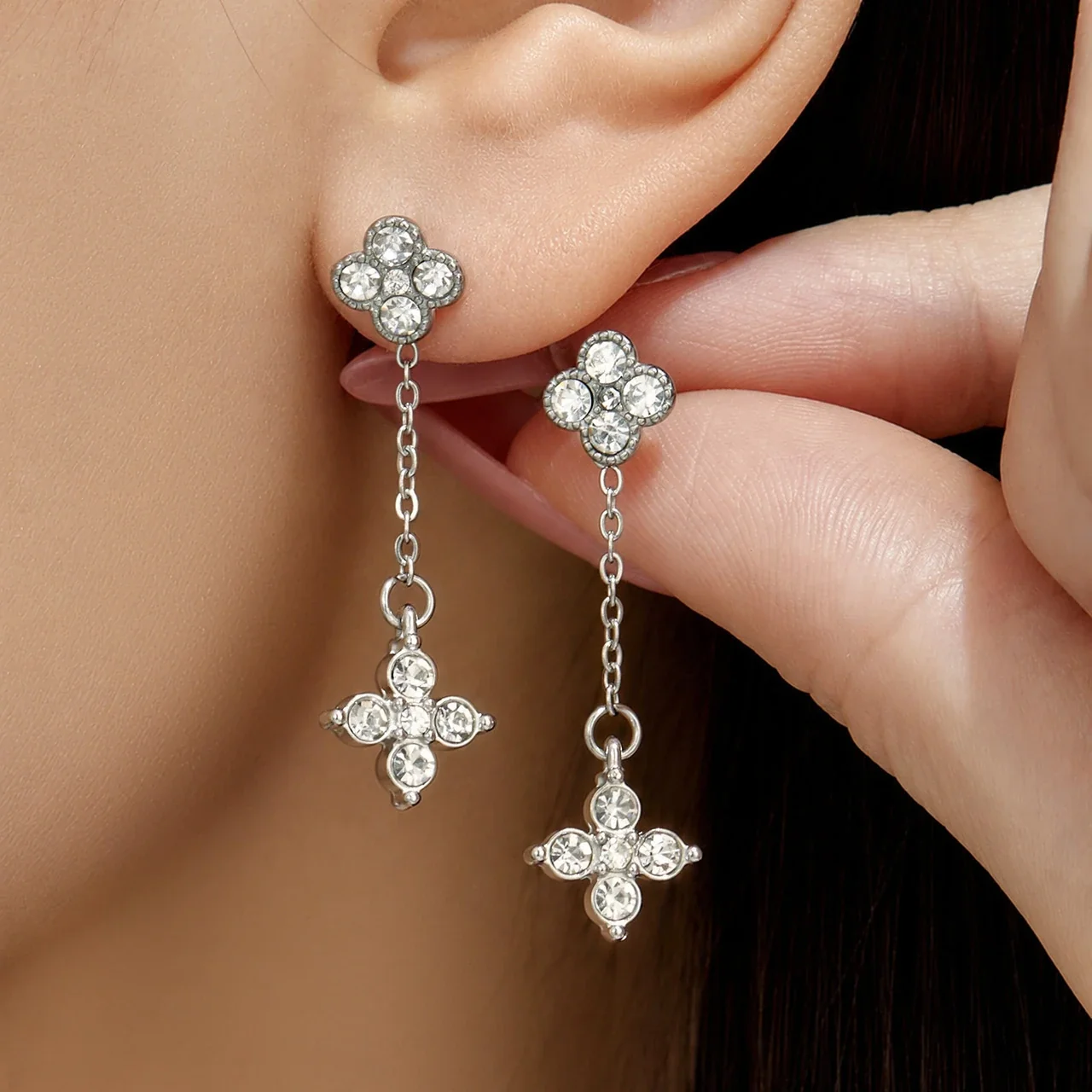 Playful Four-Leaf CZ Chain Drop Stainless Steel Earrings