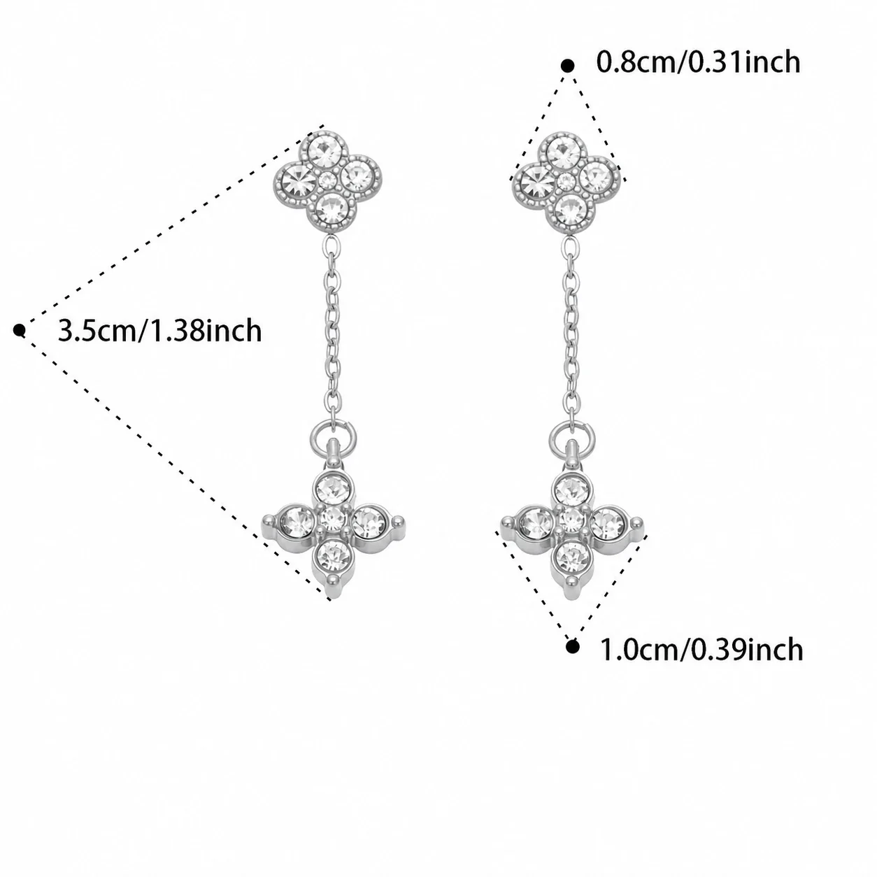 Playful Four-Leaf CZ Chain Drop Stainless Steel Earrings - Silver White CZ