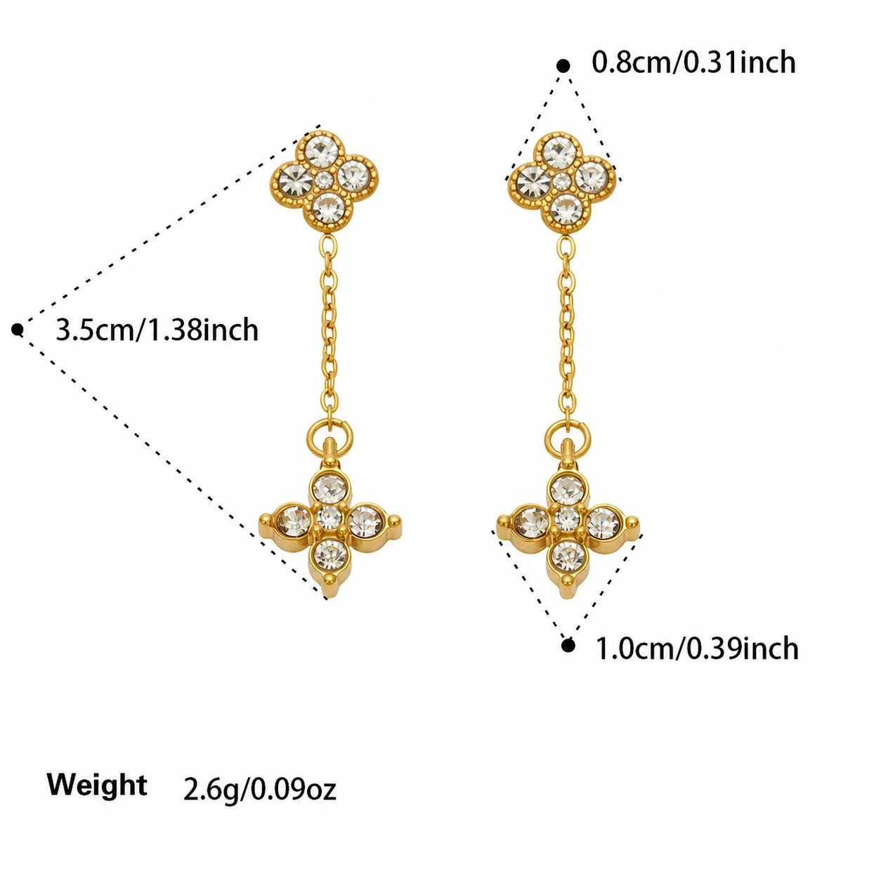 Playful Four-Leaf CZ Chain Drop Stainless Steel Earrings - Gold White CZ