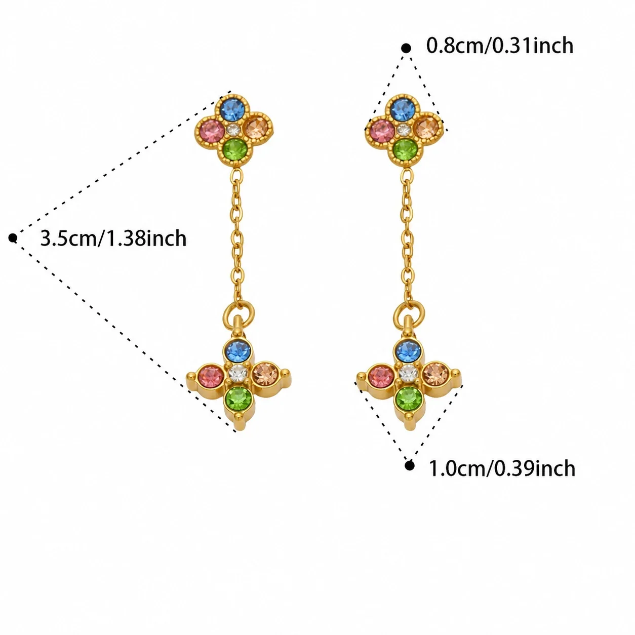 Playful Four-Leaf CZ Chain Drop Stainless Steel Earrings - Gold Multicolor CZ