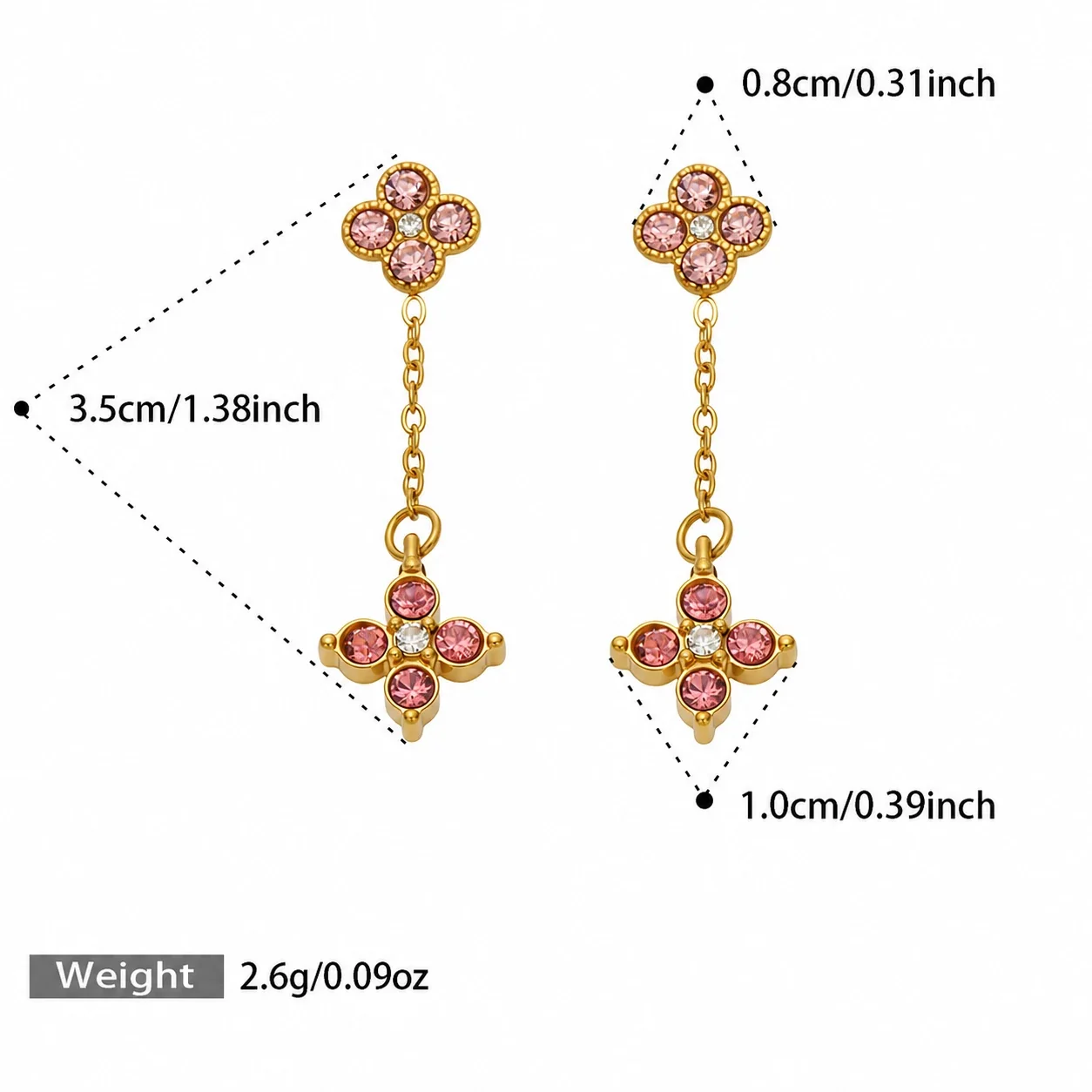 Playful Four-Leaf CZ Chain Drop Stainless Steel Earrings - Gold Pink CZ