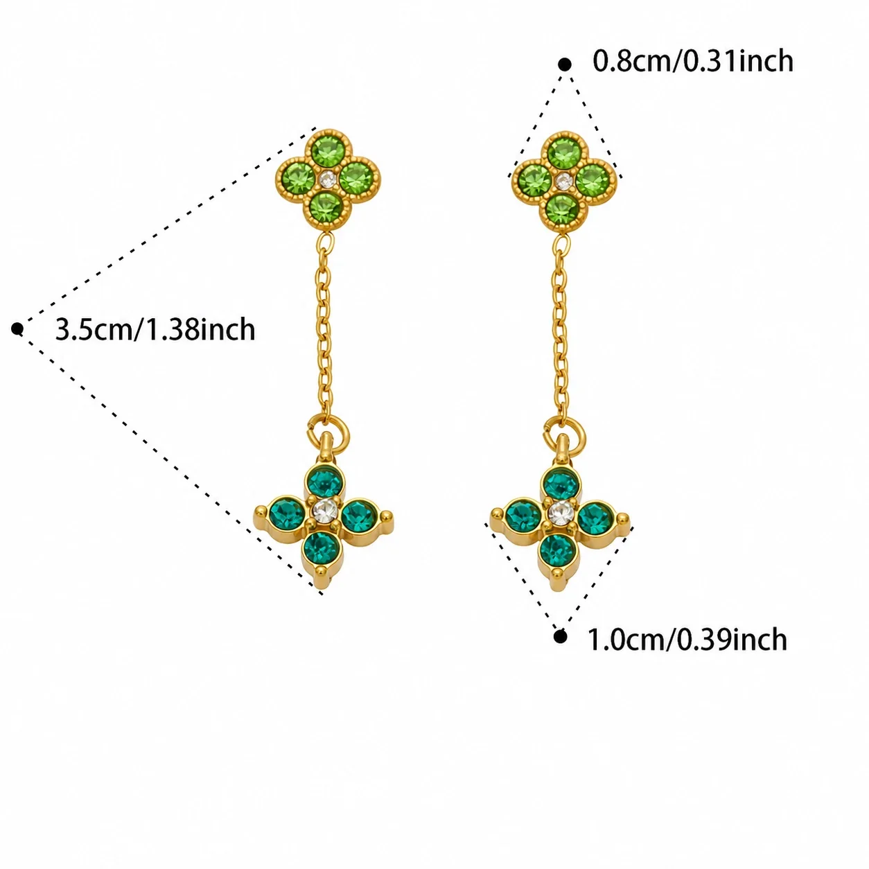 Playful Four-Leaf CZ Chain Drop Stainless Steel Earrings - Gold Green CZ