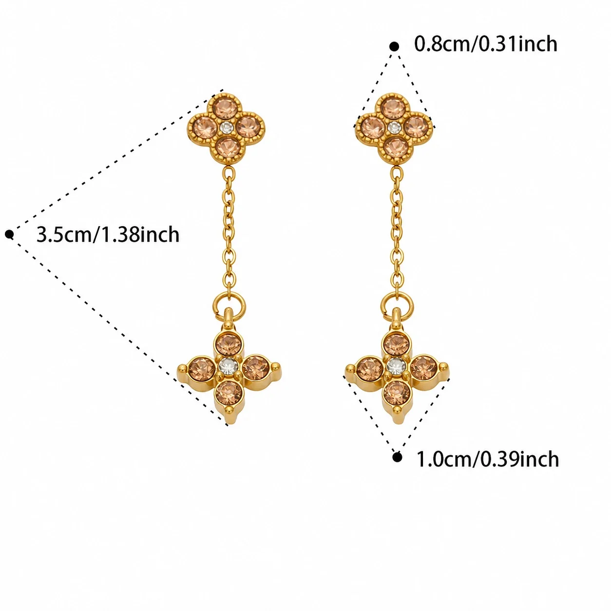 Playful Four-Leaf CZ Chain Drop Stainless Steel Earrings - Gold Champagne CZ