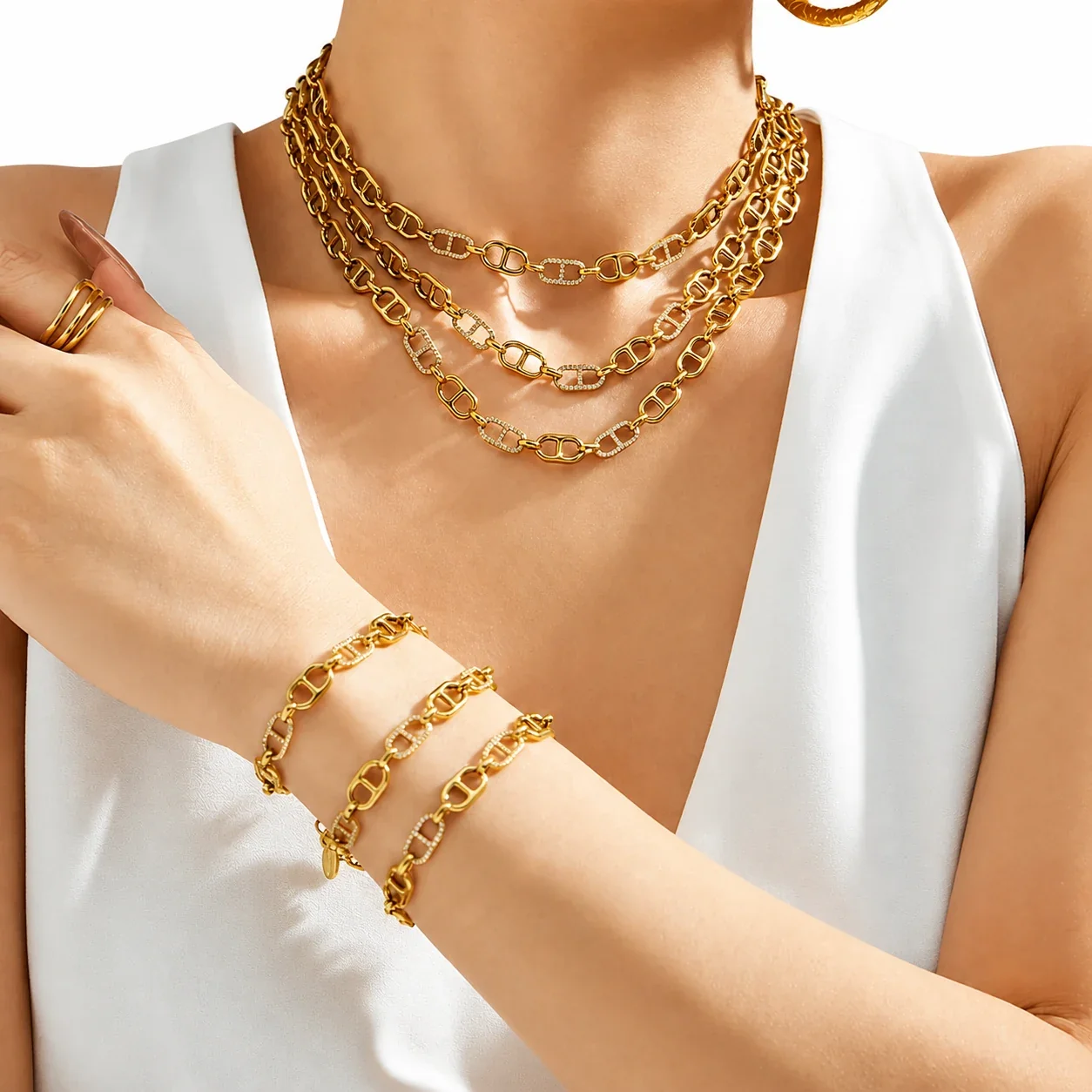 Pavé Rectangular-Link Stainless Steel Bracelet