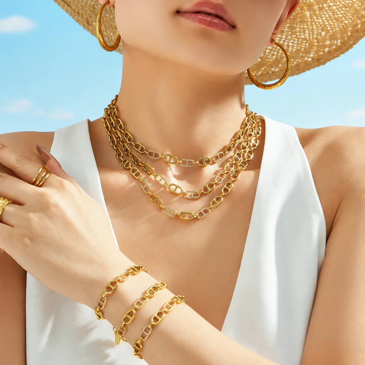 Pavé Rectangular-Link Stainless Steel Bracelet