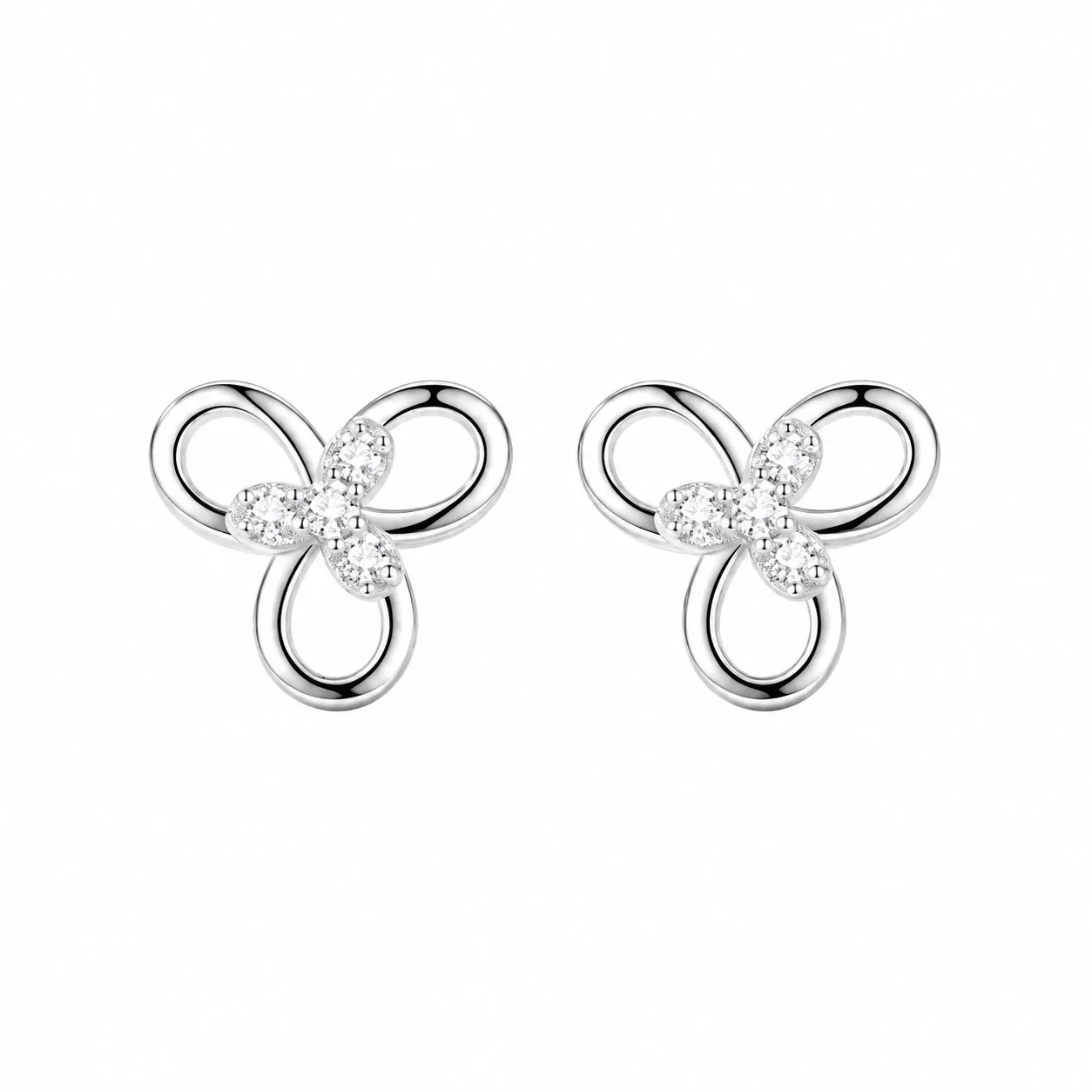 Sculptural 925 Sterling Silver Triple-Loop Clear Stone Stud Earrings