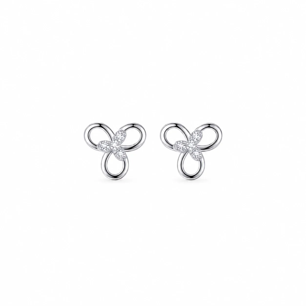 Sculptural 925 Sterling Silver Triple-Loop Clear Stone Stud Earrings