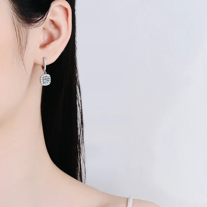 Radiant Cushion Halo 925 Sterling Silver Moissanite Hoop Earrings