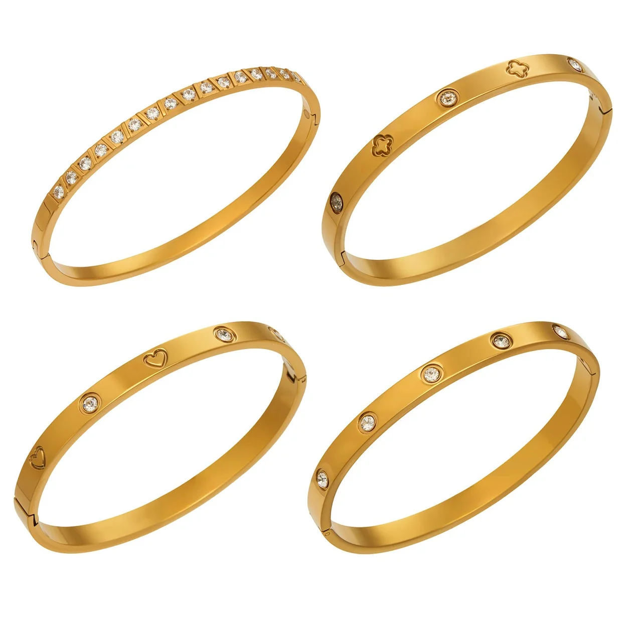 Geometric Gold-Plated Round CZ Clover Stainless Steel Bangle