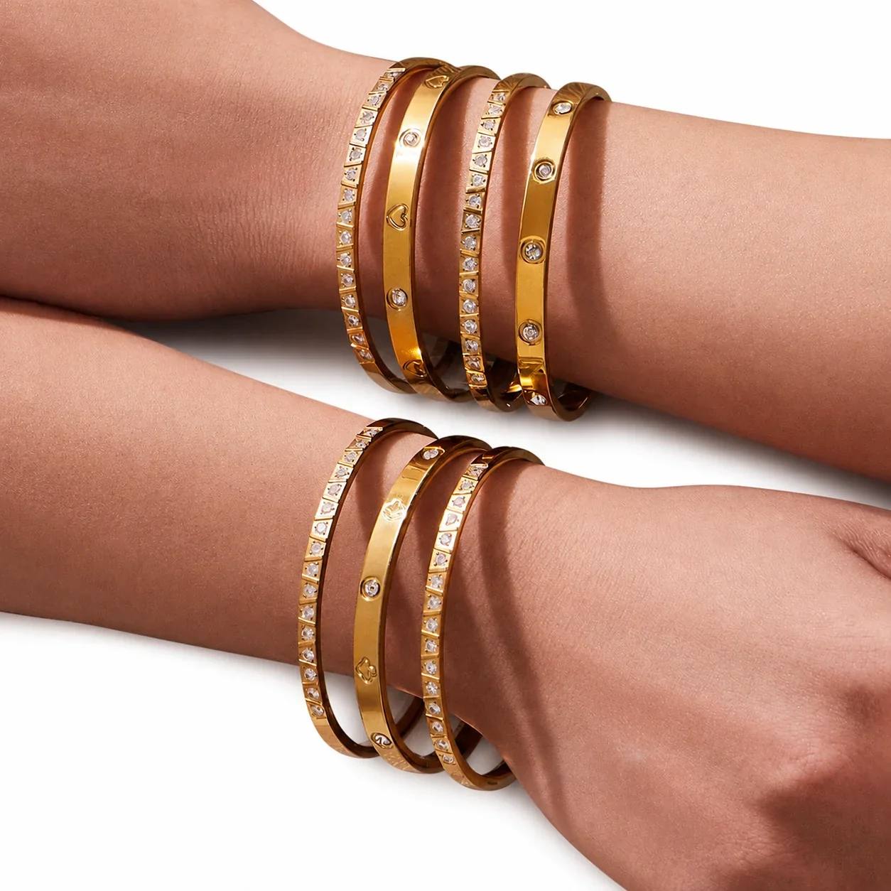 Geometric Gold-Plated Round CZ Clover Stainless Steel Bangle