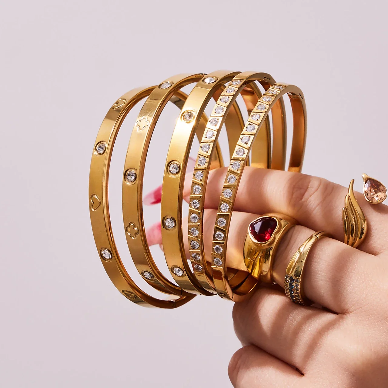 Geometric Gold-Plated Round CZ Clover Stainless Steel Bangle
