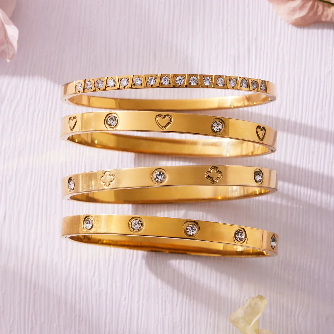 Geometric Gold-Plated Round CZ Clover Stainless Steel Bangle