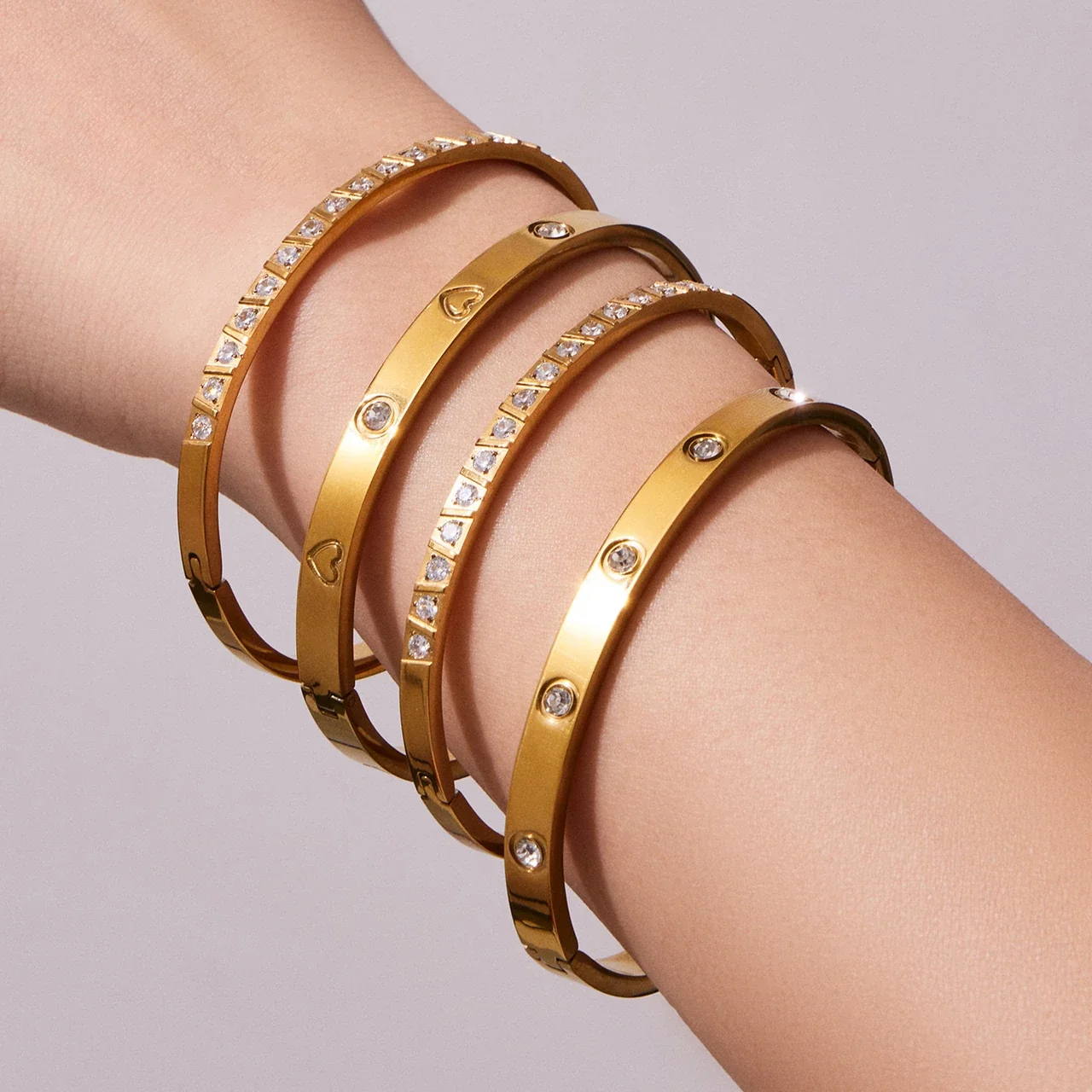 Geometric Gold-Plated Round CZ Clover Stainless Steel Bangle