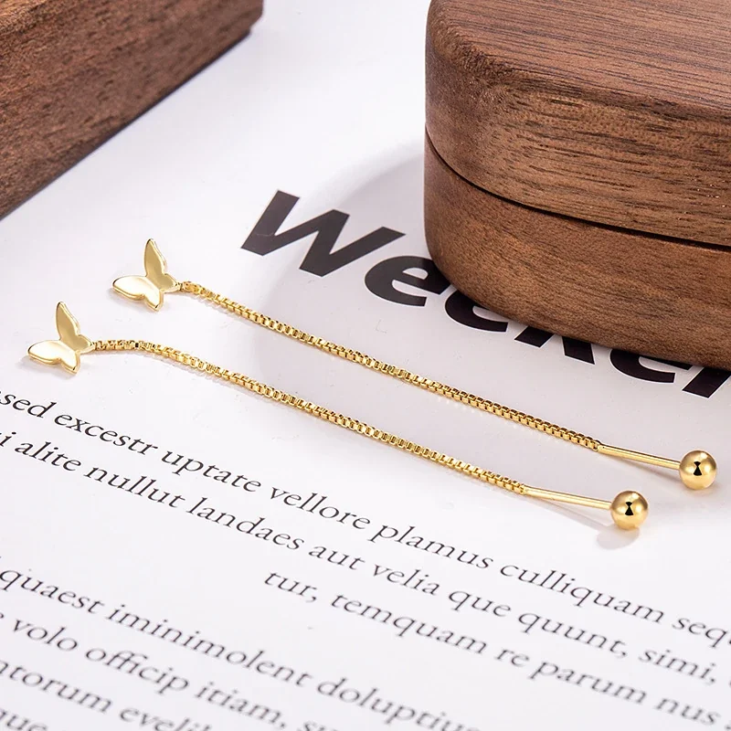 Delicate Butterfly Box Chain 925 Sterling Silver Earrings - Gold