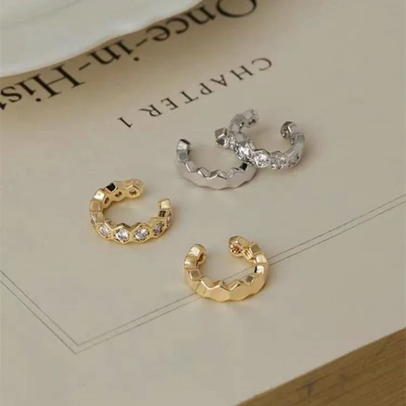 Faceted 925 Sterling Silver Honeycomb Ear Cuff Earrings