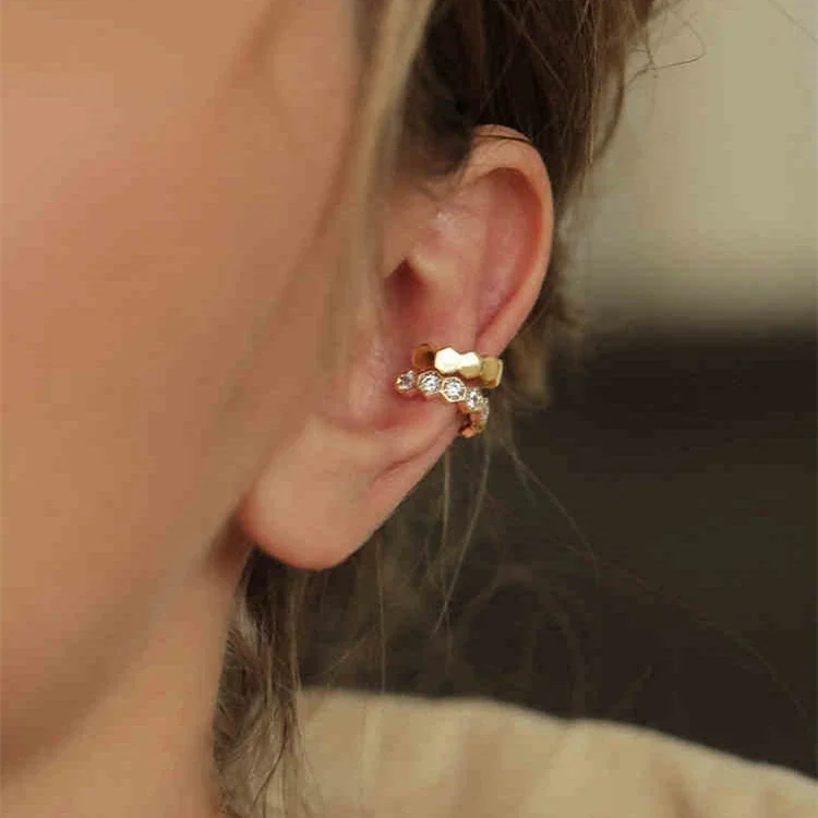 Faceted 925 Sterling Silver Honeycomb Ear Cuff Earrings