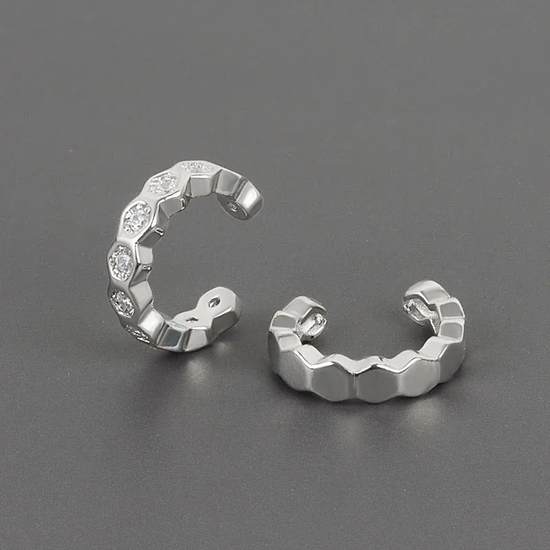 Faceted 925 Sterling Silver Honeycomb Ear Cuff Earrings - Silver