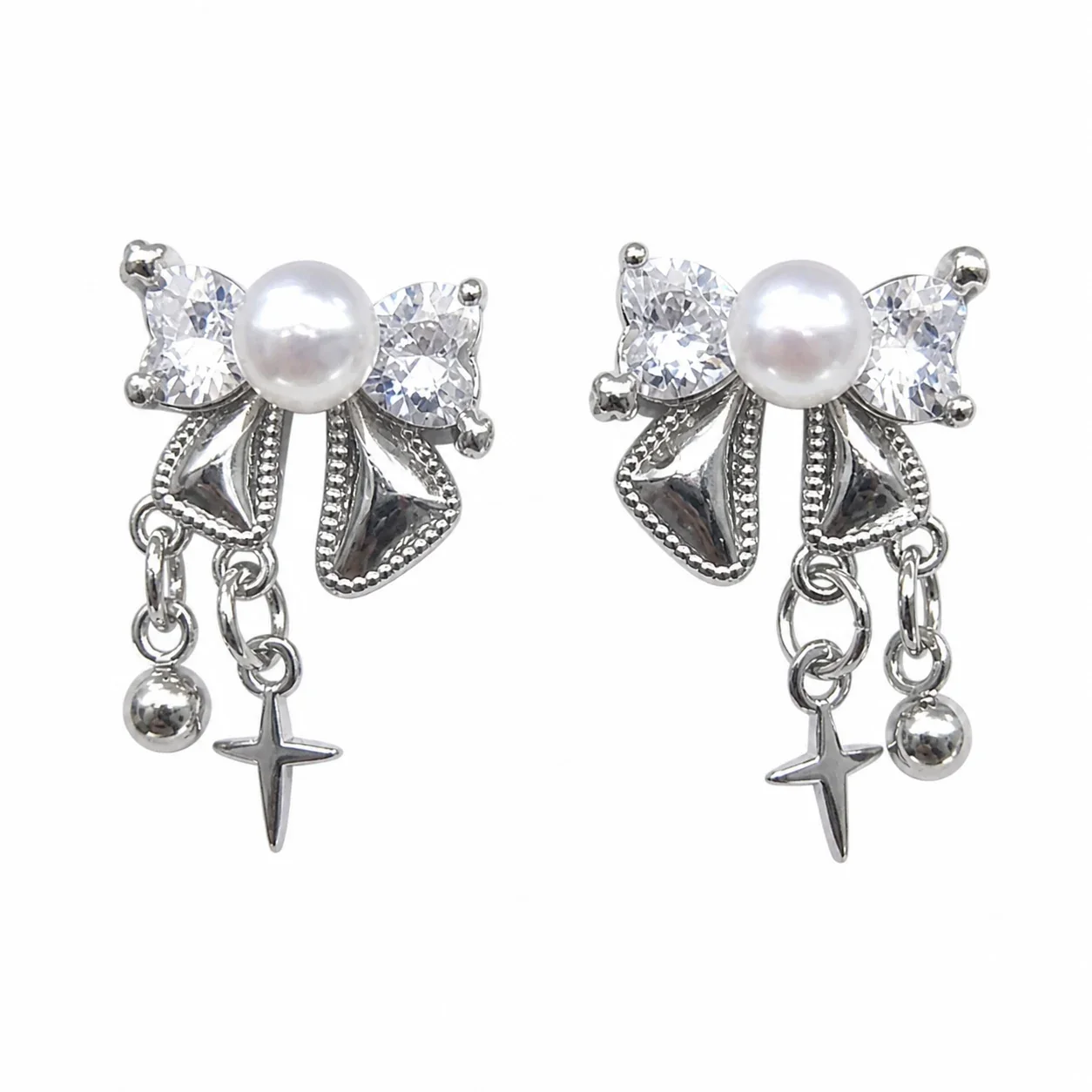 Ribbon Bow Prong Crystal Freshwater Pearl Drop Earrings