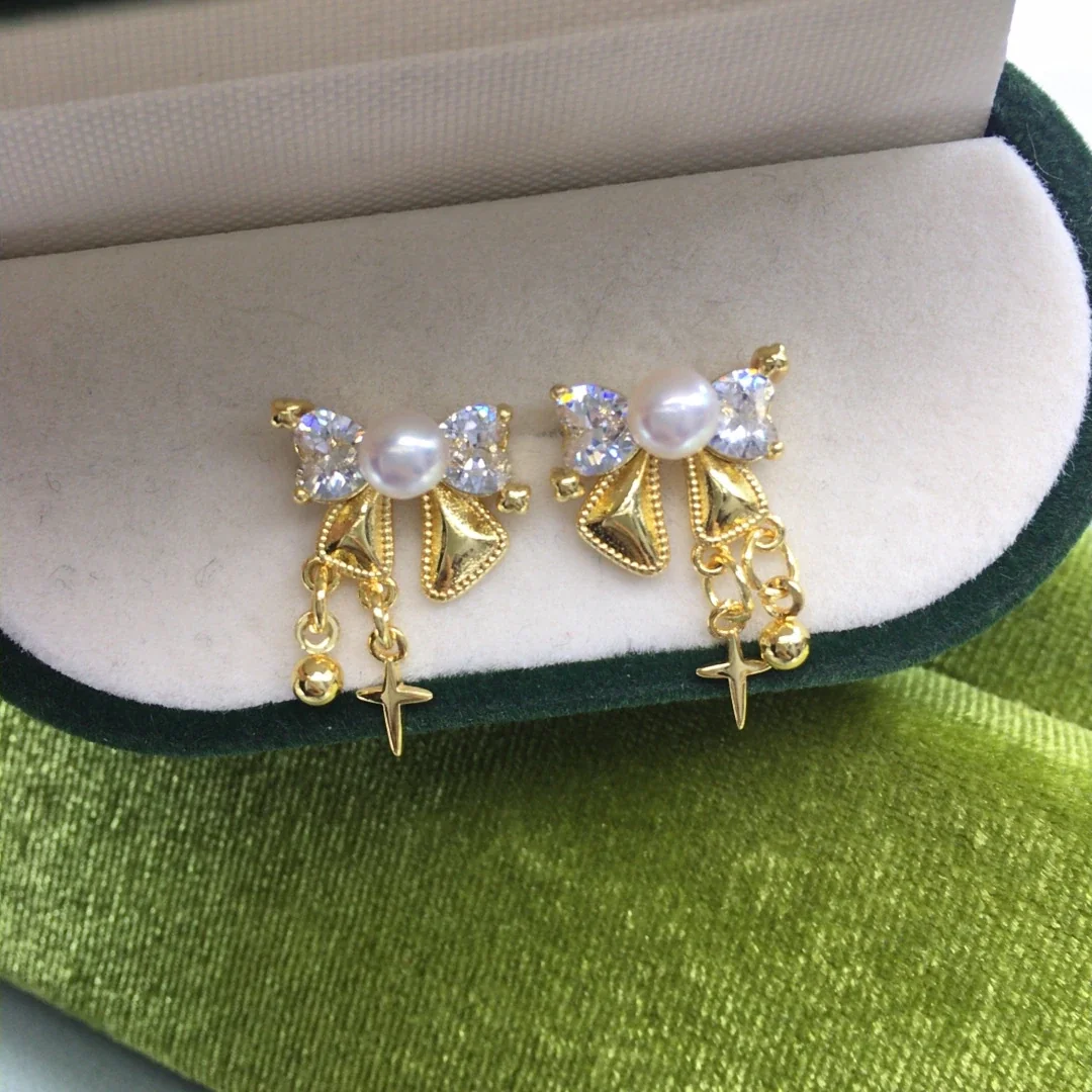 Ribbon Bow Prong Crystal Freshwater Pearl Drop Earrings