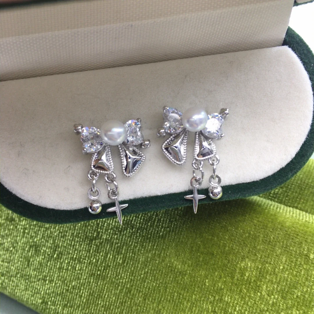 Ribbon Bow Prong Crystal Freshwater Pearl Drop Earrings