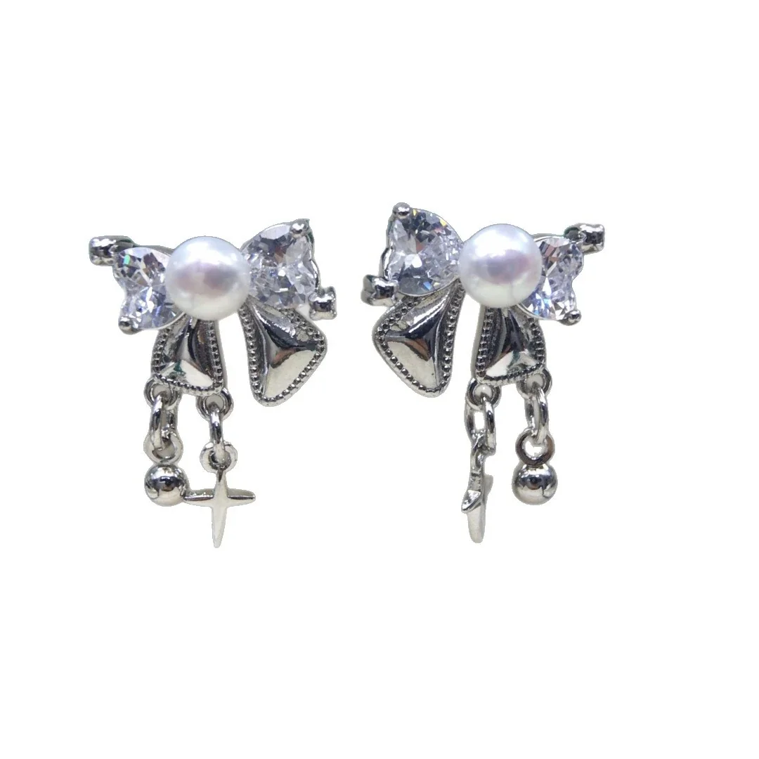 Ribbon Bow Prong Crystal Freshwater Pearl Drop Earrings