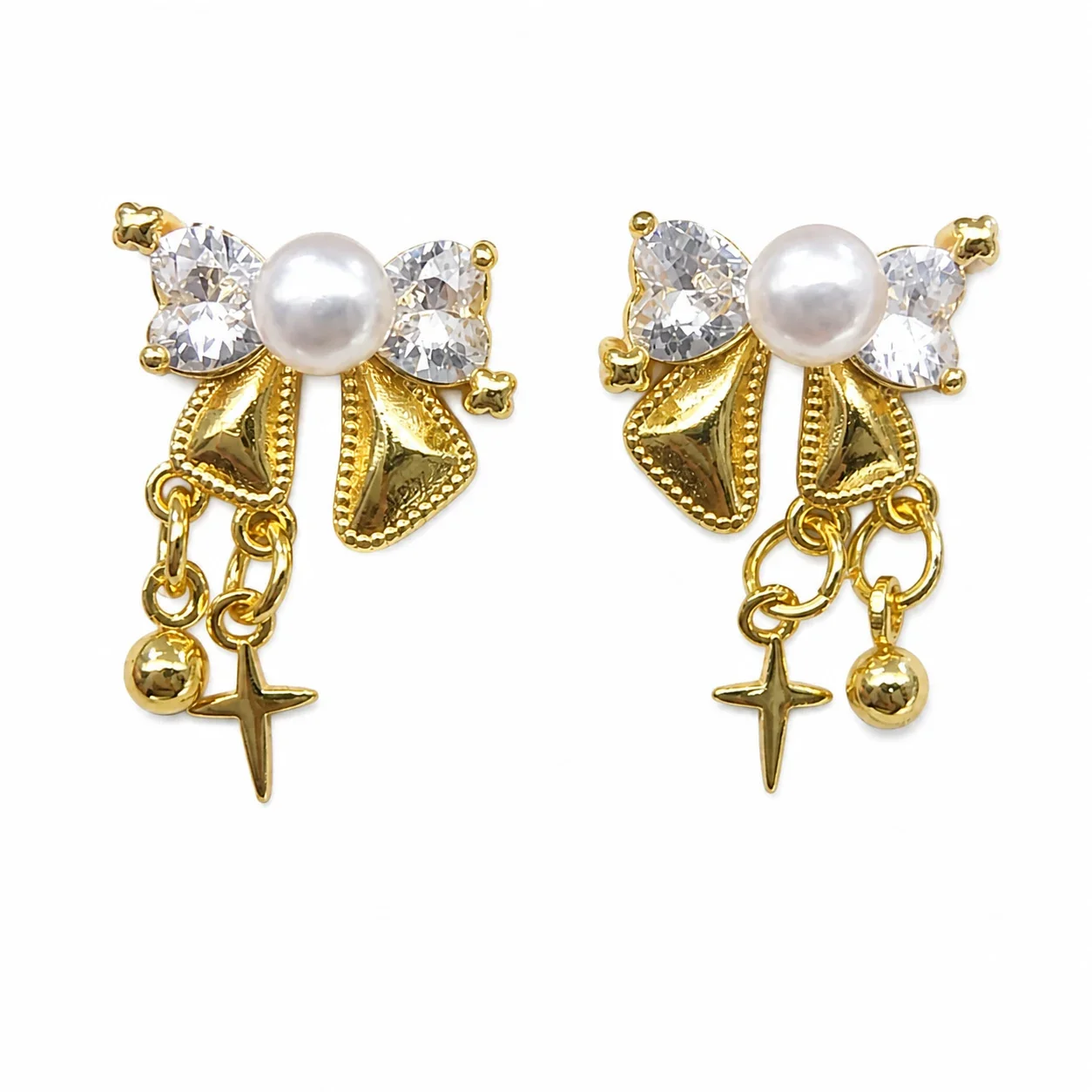 Ribbon Bow Prong Crystal Freshwater Pearl Drop Earrings - Gold