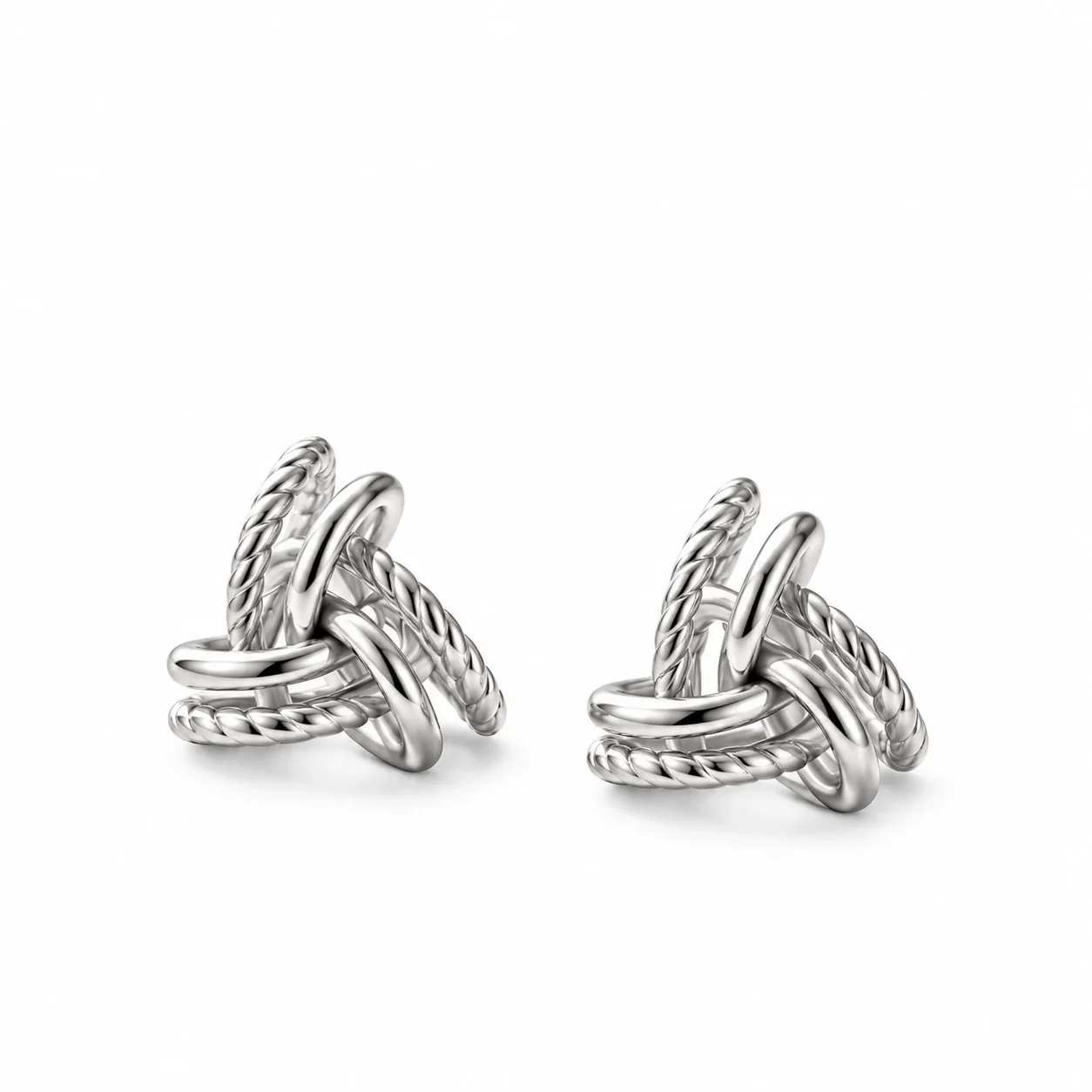 Sculptural 925 Sterling Silver Twisted Interlocking Stud Earrings