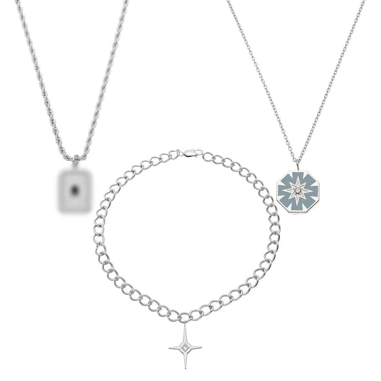 Layered Silver-Plated Stainless Steel Star Curb Necklace