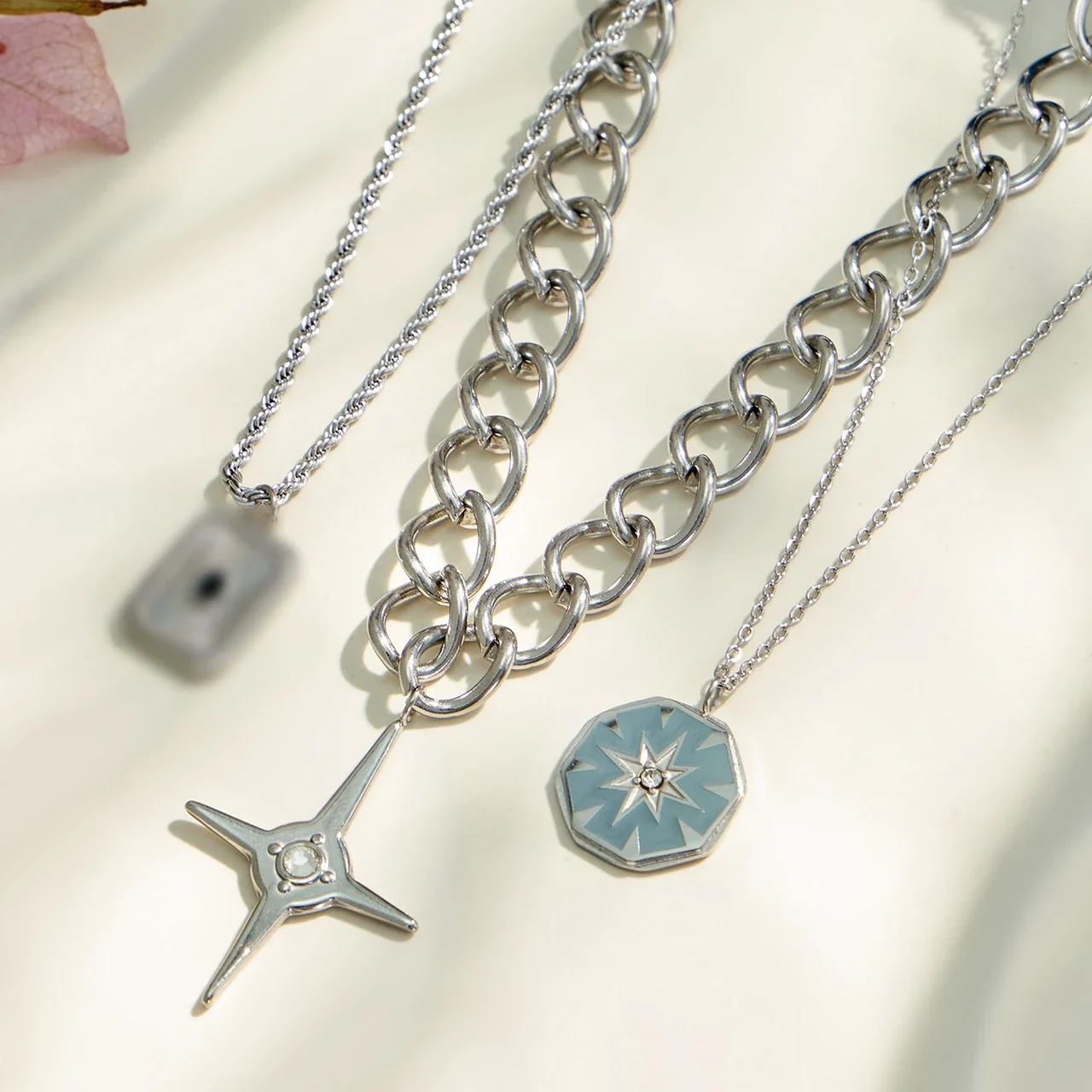 Layered Silver-Plated Stainless Steel Star Curb Necklace