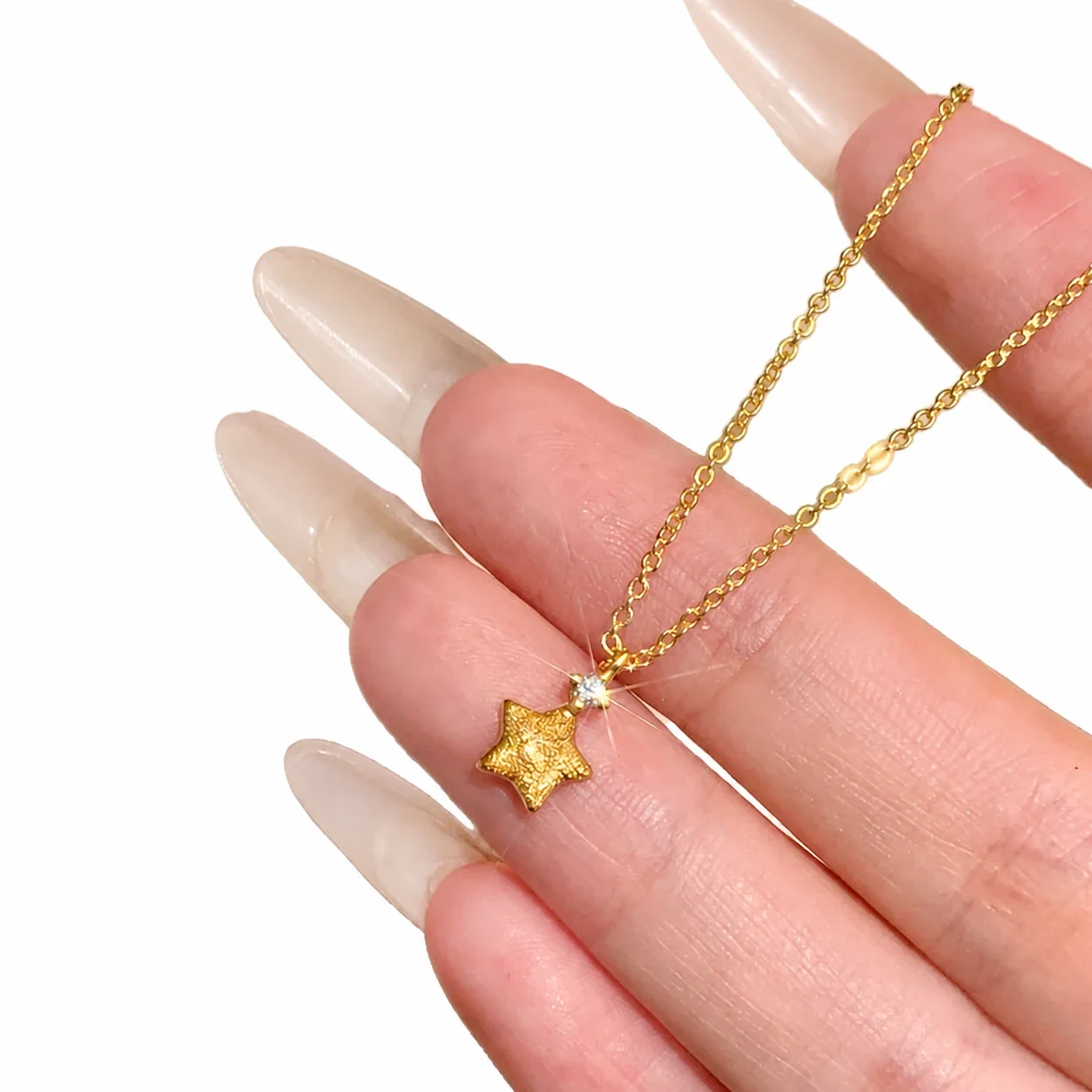 Textured Star 925 Sterling Silver Crystal Chain Necklace