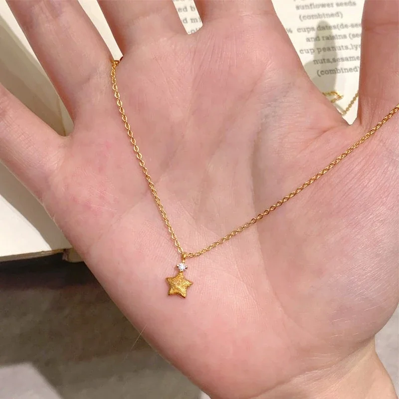 Textured Star 925 Sterling Silver Crystal Chain Necklace