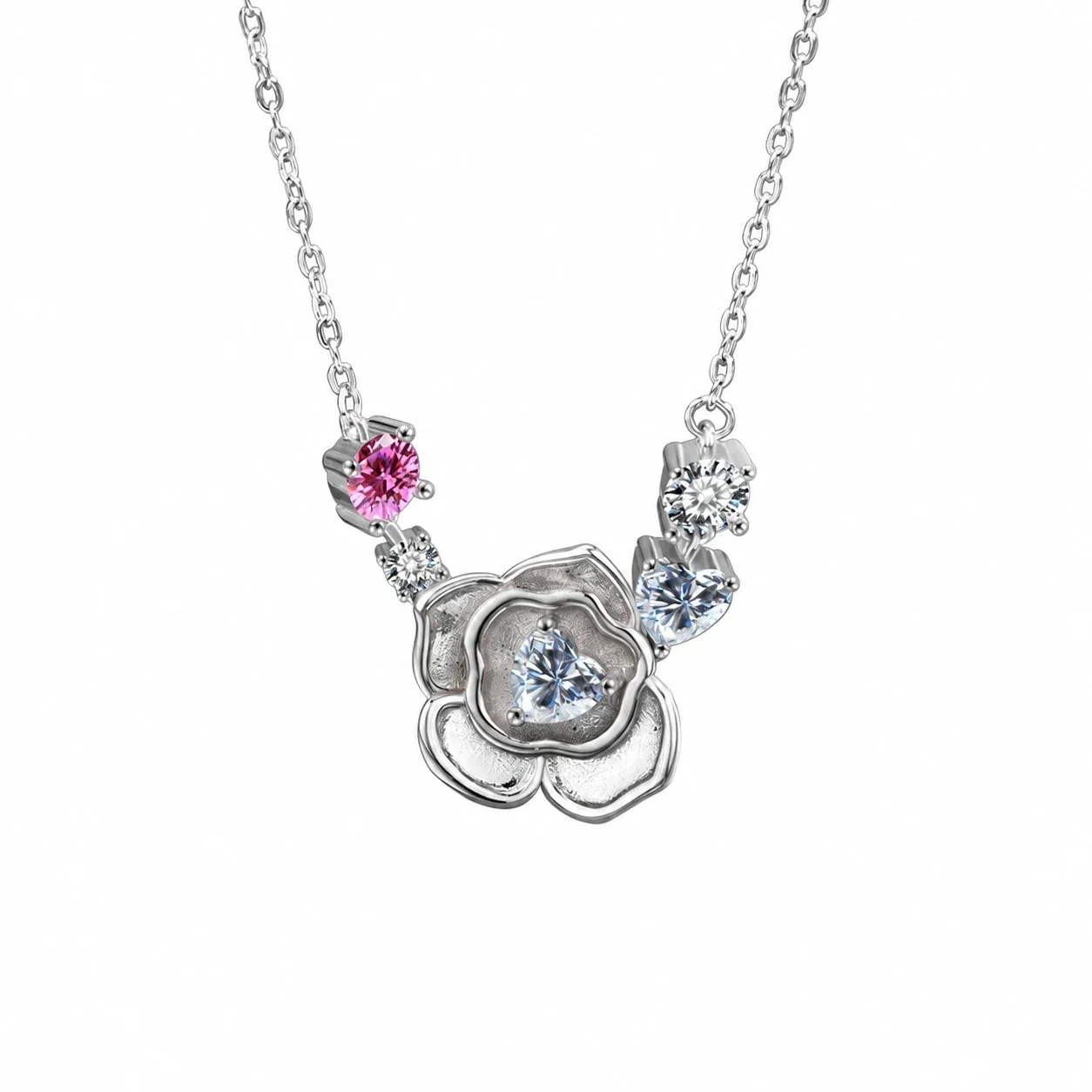 Sculptural 925 Sterling Silver Rose Heart Stone Necklace
