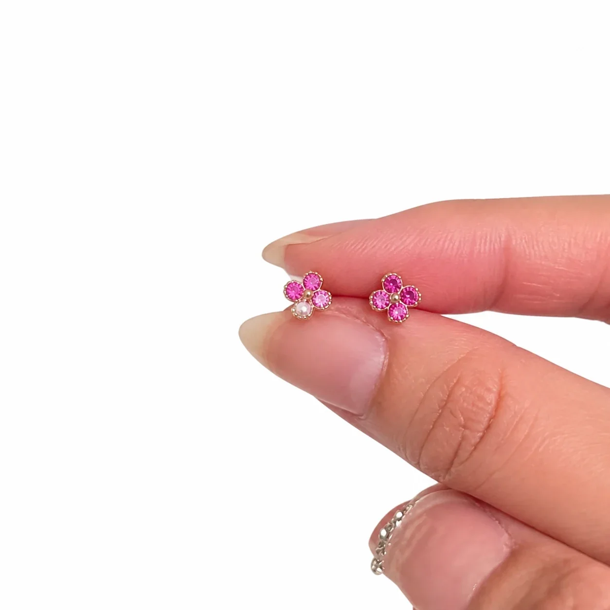 Dainty Round CZ Flower Heart Copper Mini Stud Earrings - Rose CZ Flower Stud