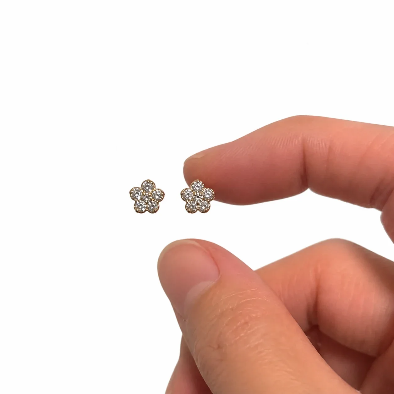 Dainty Round CZ Flower Heart Copper Mini Stud Earrings - Gold White CZ Flower Stud