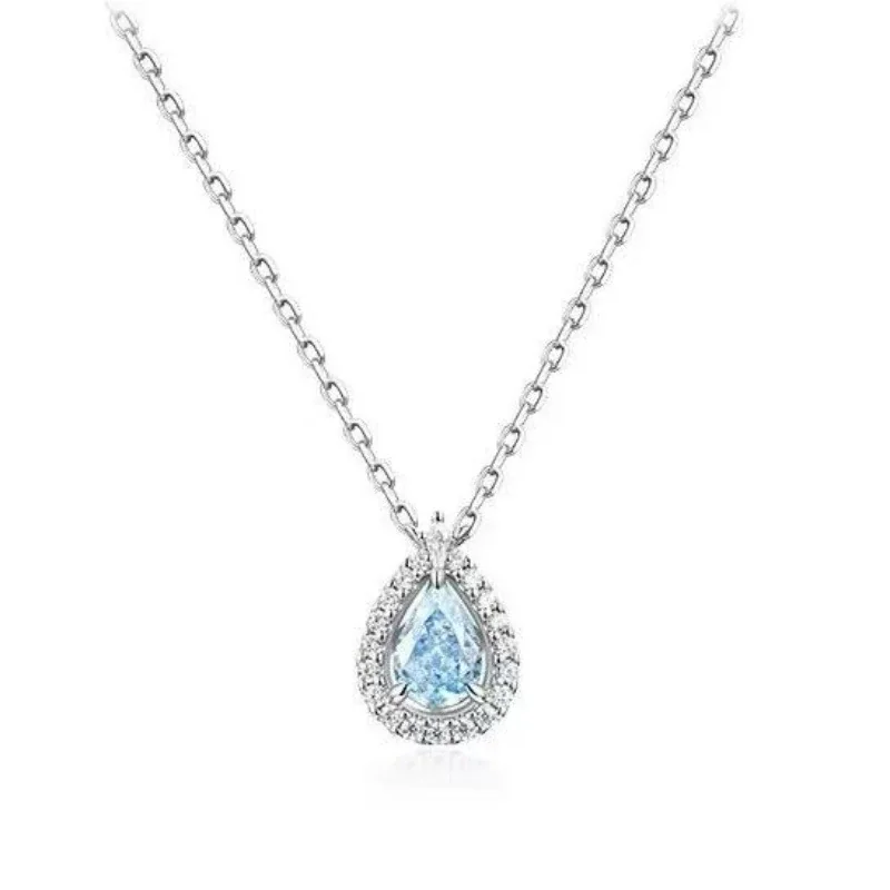 Radiant Blue Teardrop Halo 925 Sterling Silver Necklace