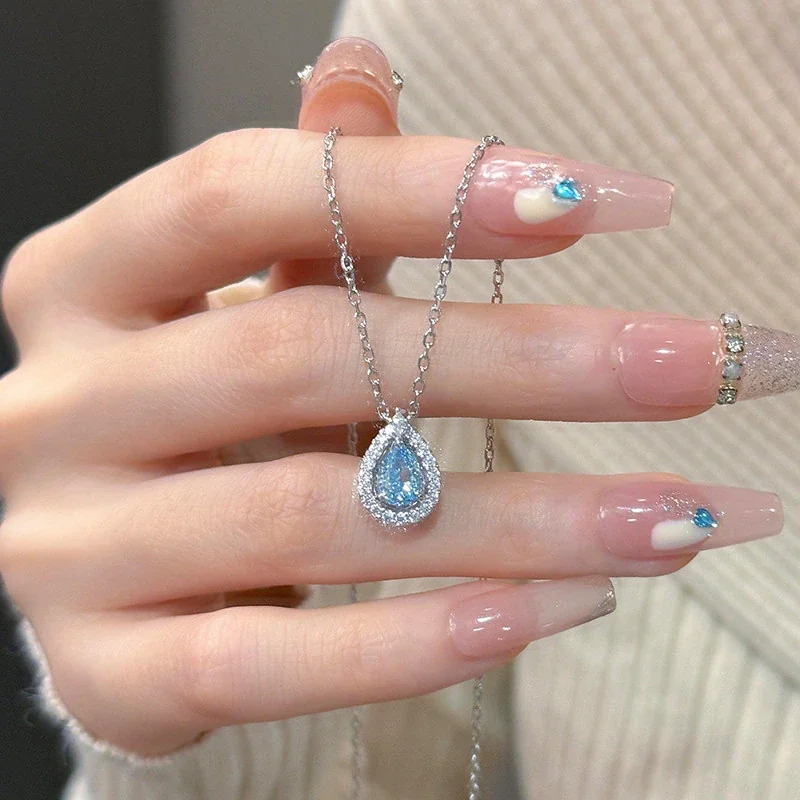 Radiant Blue Teardrop Halo 925 Sterling Silver Necklace