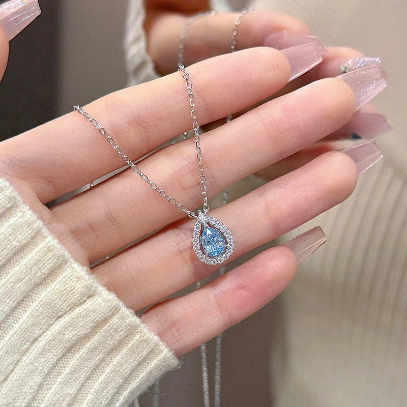 Radiant Blue Teardrop Halo 925 Sterling Silver Necklace