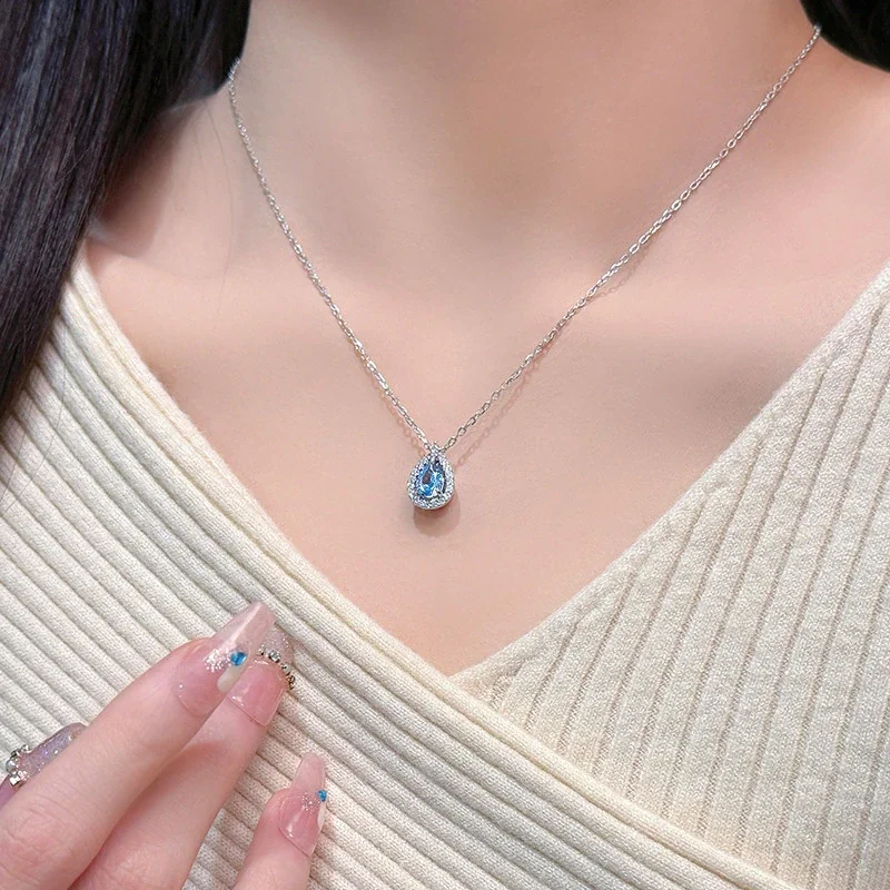 Radiant Blue Teardrop Halo 925 Sterling Silver Necklace