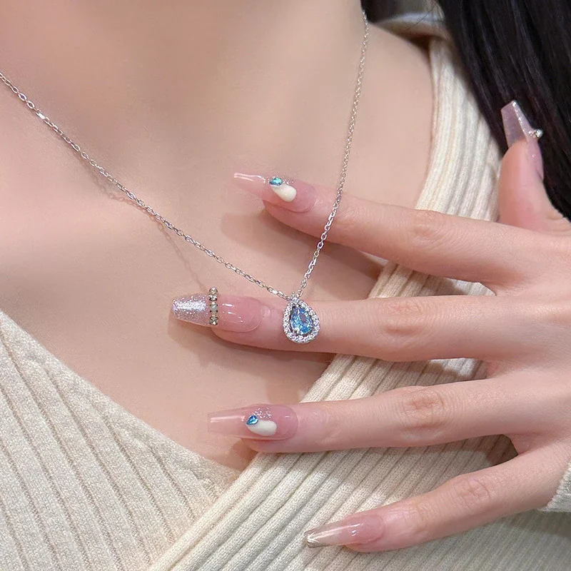 Radiant Blue Teardrop Halo 925 Sterling Silver Necklace