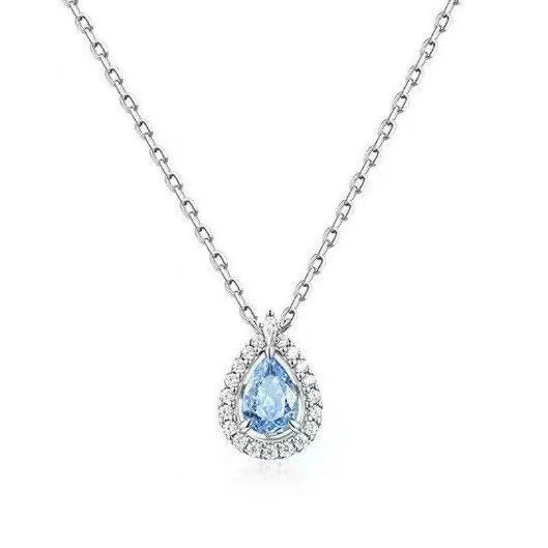 Radiant Blue Teardrop Halo 925 Sterling Silver Necklace - Deep Blue