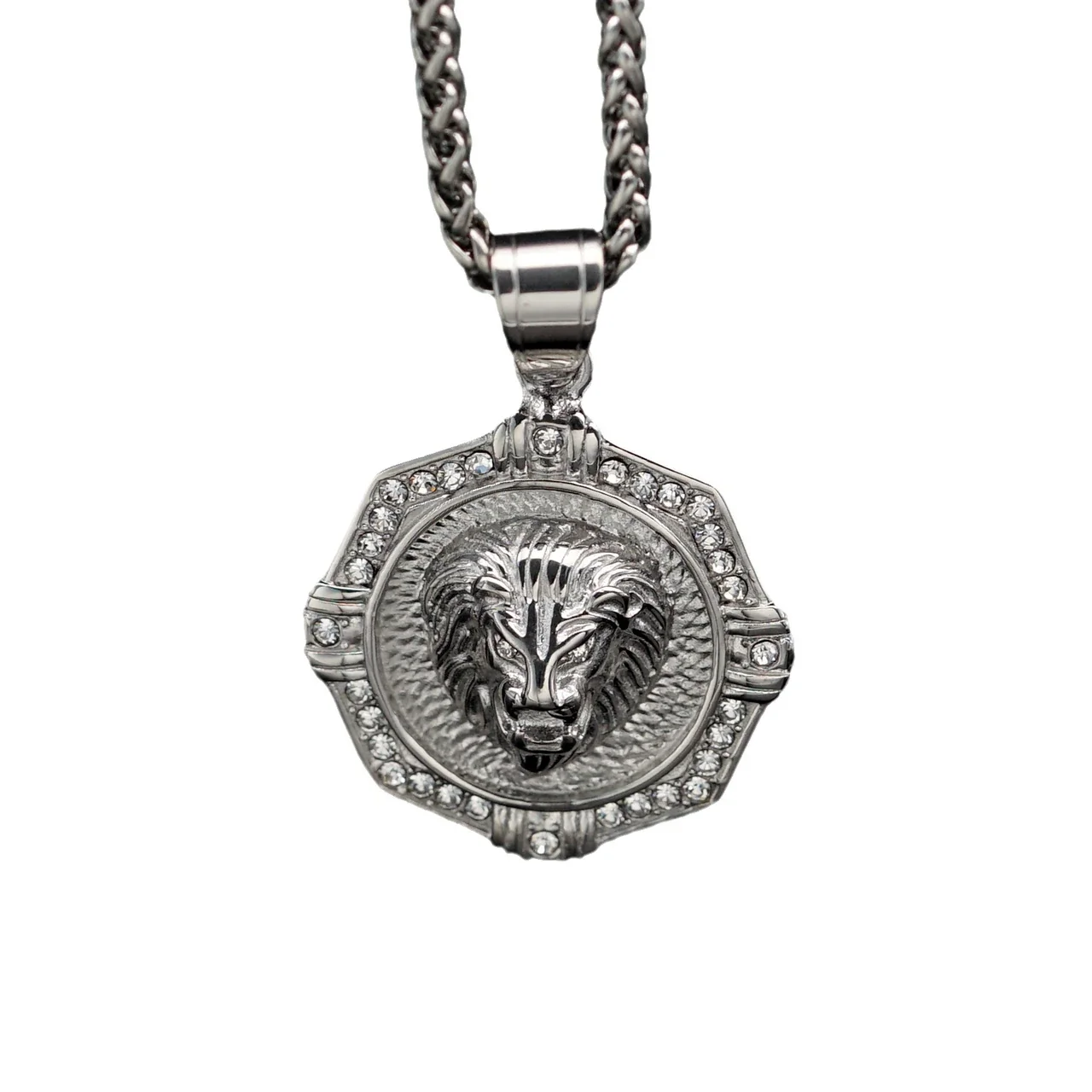 Octagonal Lion Medallion Stainless Steel Crystal Necklace