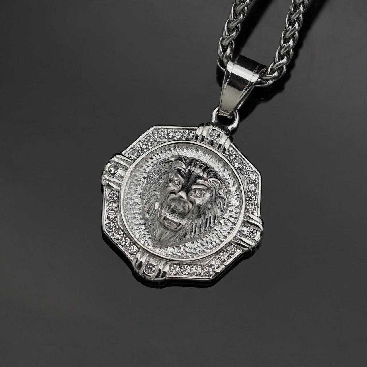 Octagonal Lion Medallion Stainless Steel Crystal Necklace
